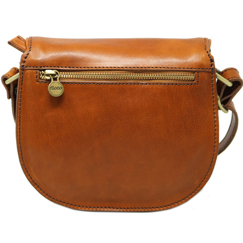 Floto Chianti Leather Saddle Bag Crossbody in Tobacco Brown. 3
